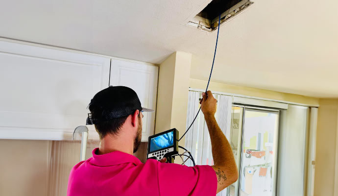 Technician inspecting ceiling with inspecting machine