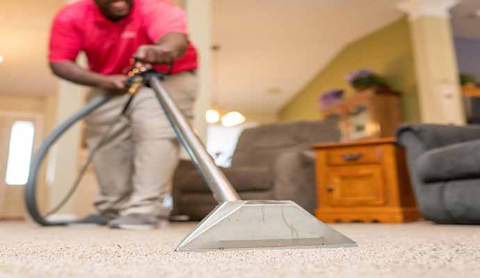 Person cleaning carpet with equipment